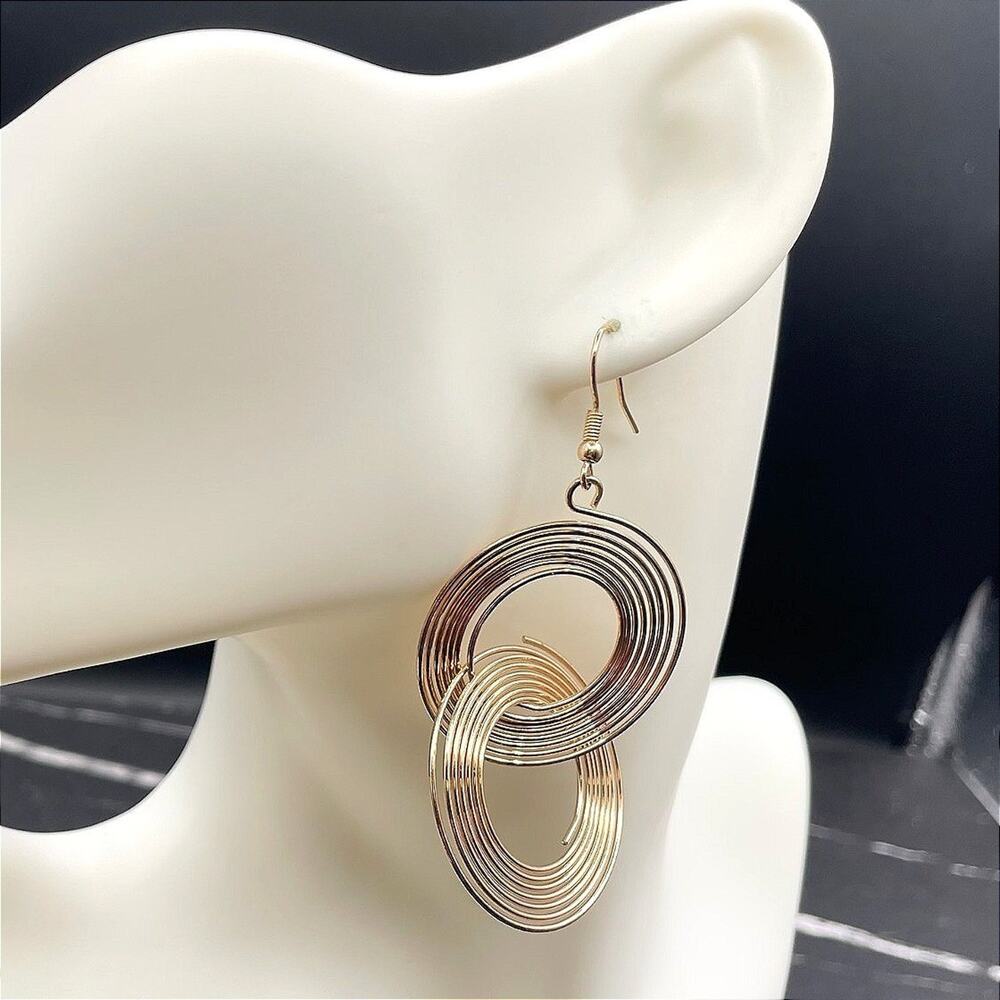 Gold-Tone Layered Interlocked Swirl Circle Hoop Dangle Drop French Hook Earrings